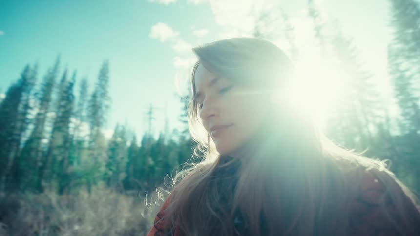 Dreamy slow motion close-up of a woman looking at her phone while sitting peacefully in a sun-drenched forest