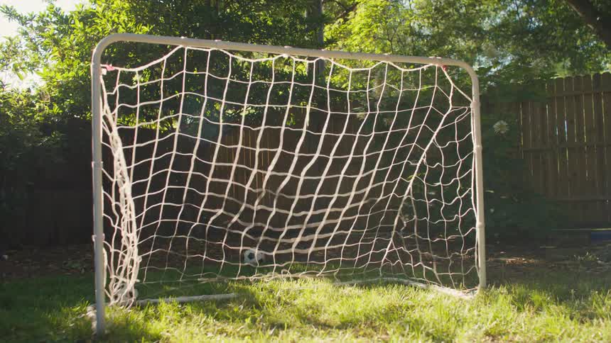 Soccer balls are kicked one after another into a backyard goal on a sunny day