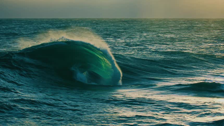 A powerful ocean wave builds and crashes in dramatic slow motion, illuminated by the golden light of sunrise or sunset