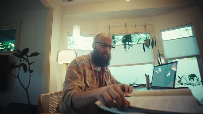 A bearded man wearing glasses studies from a book and works on his laptop in his naturally lit, plant-filled home office