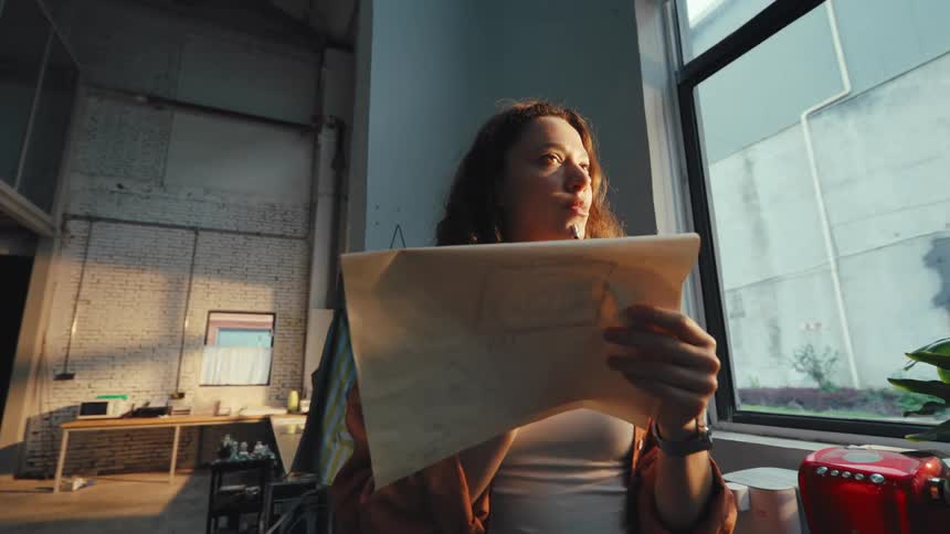 A pensive female designer thoughtfully reviews her sketches by a large window in her sunlit industrial loft studio
