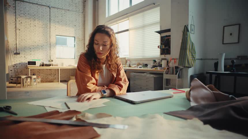 A focused young female artisan reviews her designs at a large table in her sunlit industrial workshop