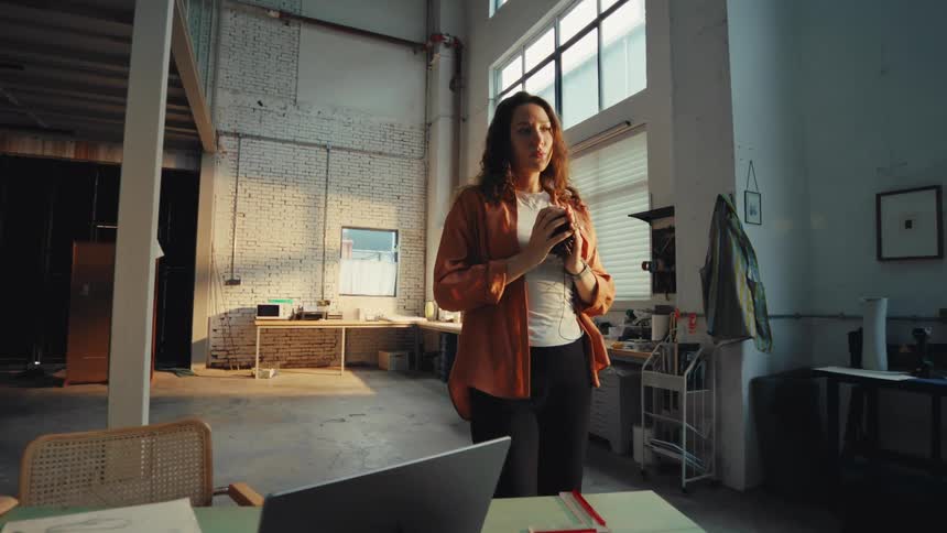A creative woman stands in her spacious, sun-drenched workshop, slowly and thoughtfully pulling a thread from a ball of yarn