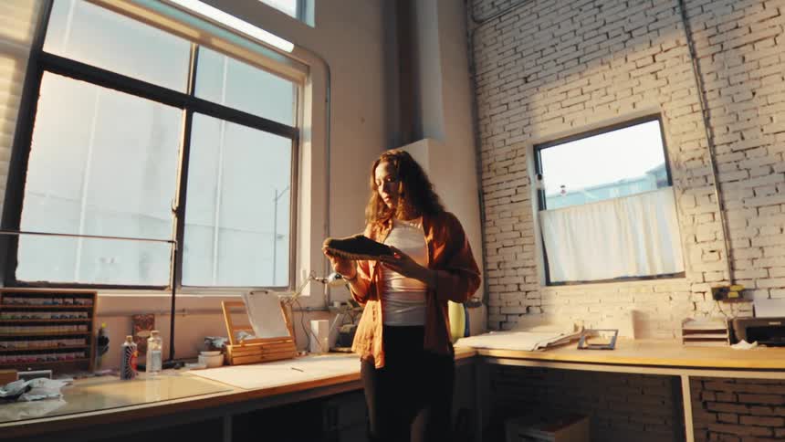 A young female shoe designer proudly inspects a finished shoe in her sun-drenched industrial loft workshop