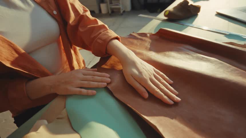 A close-up of a female artisan's hands gently inspecting a large piece of smooth brown leather in her sunlit workshop