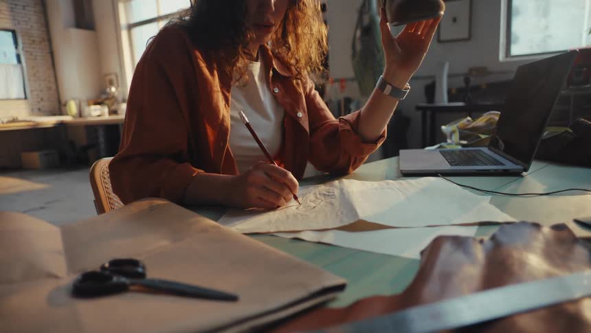 Focused artisan and shoemaker carefully sketches a new design while examining a handcrafted leather shoe in her sun-drenched workshop