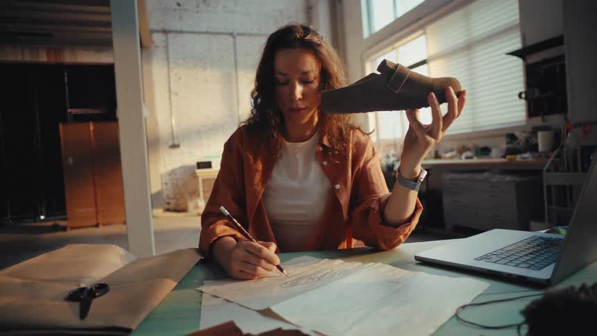A female shoe designer sits at her workbench, holding a clog and meticulously sketching a new design on paper in her sunlit workshop