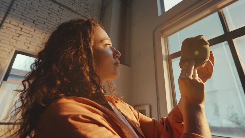 A female shoemaker proudly inspects a handcrafted shoe, admiring her work in the warm, golden light of her workshop