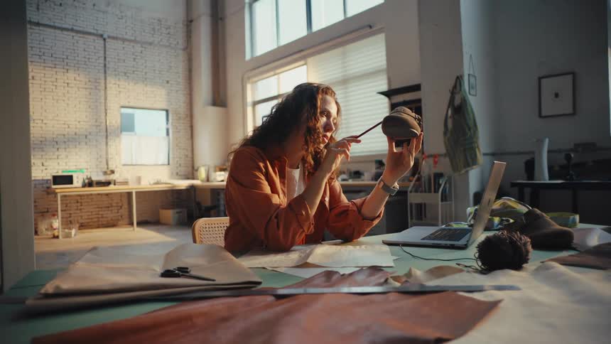 A thoughtful female shoe designer meticulously examines a footwear prototype and sketches new ideas in her sunlit workshop