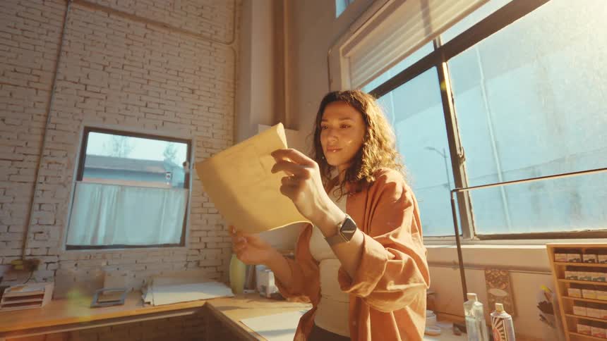 An inspired female artist with curly hair smiles as she examines her large sketch in a sun-drenched industrial studio