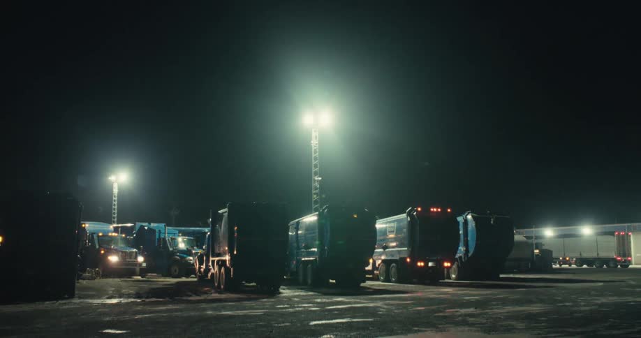 A fleet of garbage trucks sit idle in a depot parking lot at night under bright floodlights