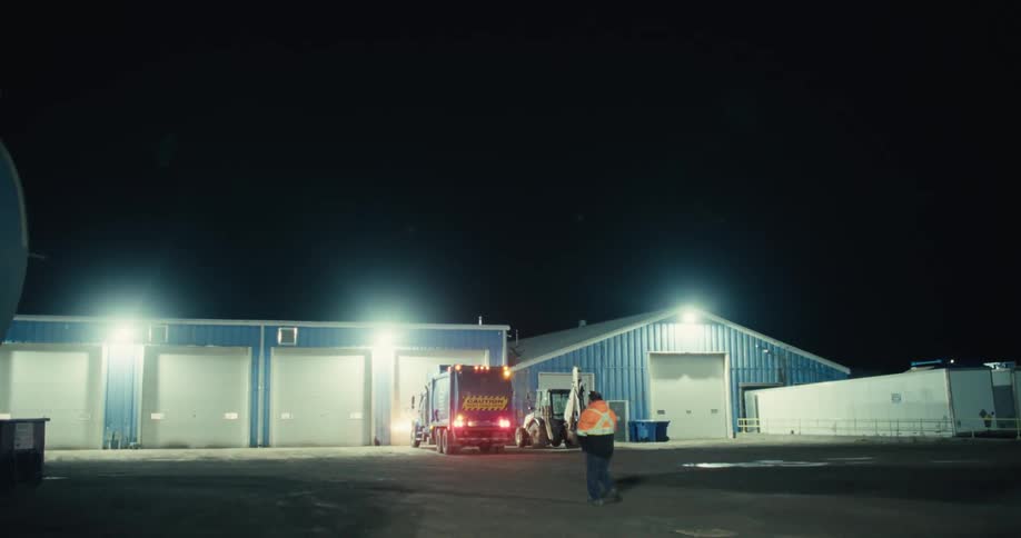 A sanitation worker in a high-visibility vest walks towards a garbage truck parked outside a large blue depot at night