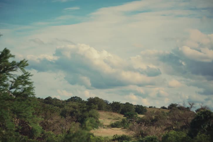 A tranquil rural landscape featuring rolling green hills and trees beneath a beautiful, partly cloudy sky