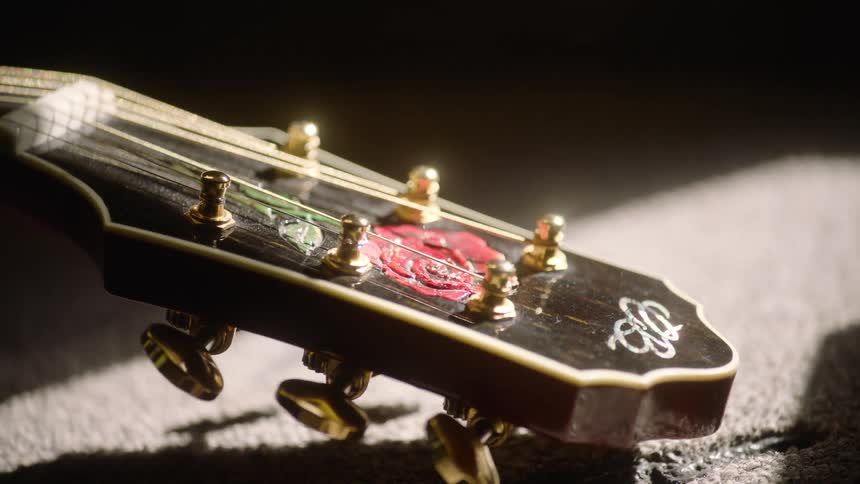 A detailed close-up of a dark wood guitar headstock with gold tuning pegs and a red rose inlay, resting in a beam of sunlight