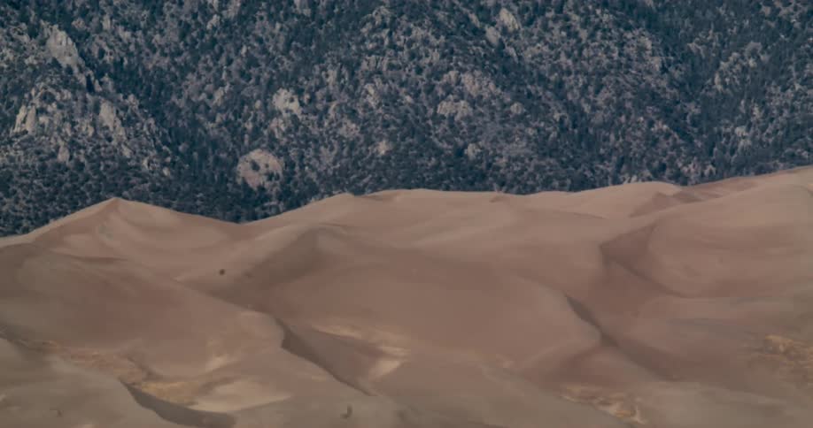 A stunning landscape view shows rolling desert sand dunes against a backdrop of a dense, rocky forest