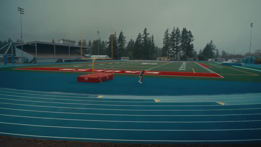A lone athlete walks on a blue running track in an empty stadium on an overcast day