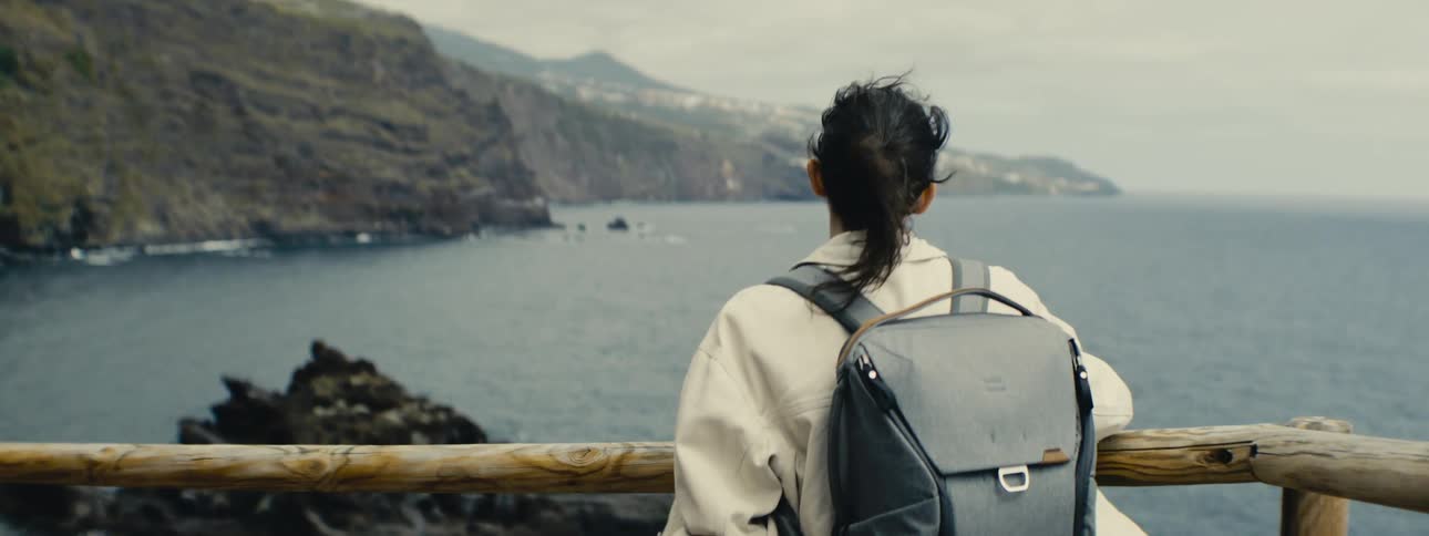 A female traveler with a backpack leans against a railing, looking out at the dramatic ocean coastline on a windy day
