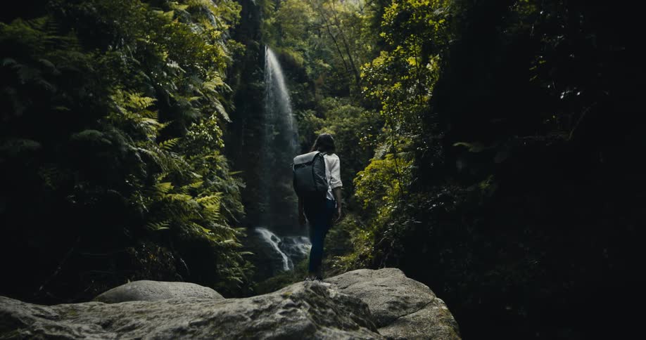 A female hiker with a backpack stands on a large rock and admires a majestic waterfall in a lush, dense jungle