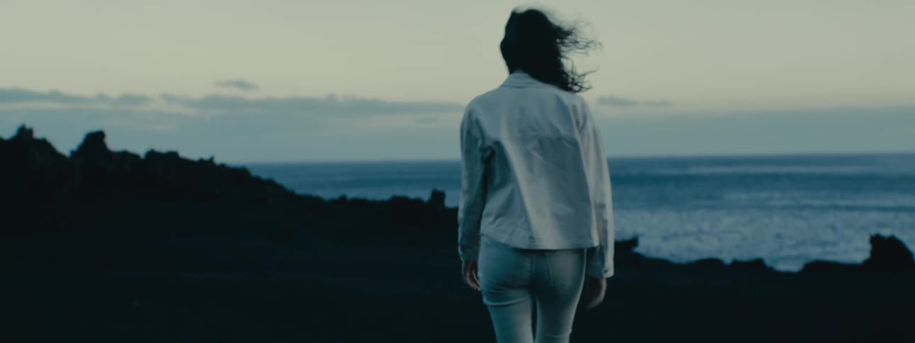 From behind, a woman with windblown hair walks in slow motion towards the ocean along a desolate, rocky coast at dusk
