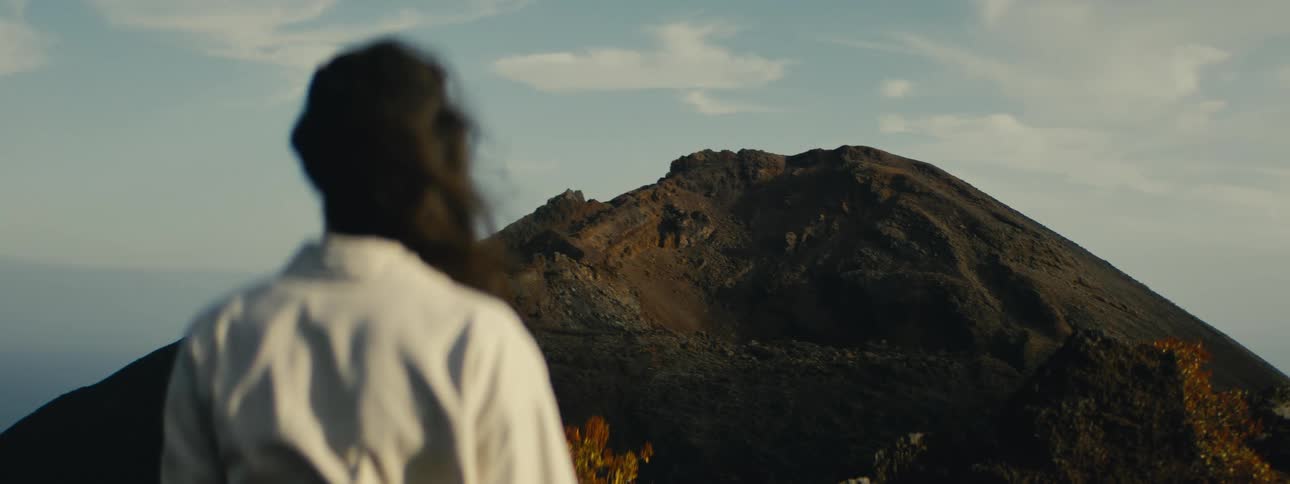 An over-the-shoulder view shows a person with long hair gazing at a vast, barren mountain