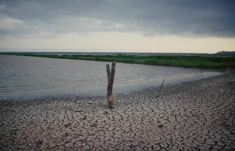 A drought-stricken landscape shows parched, cracked soil meeting a receding water line under a somber, overcast sky
