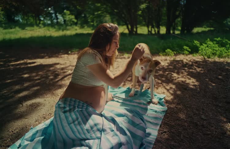 An expectant mother enjoys a peaceful moment with her pet dog, sitting on a blanket in a sunny, shaded park