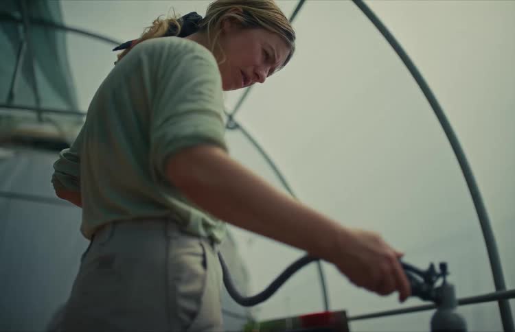 Low-angle shot of a dedicated female farmer watering plants in her greenhouse with a hose