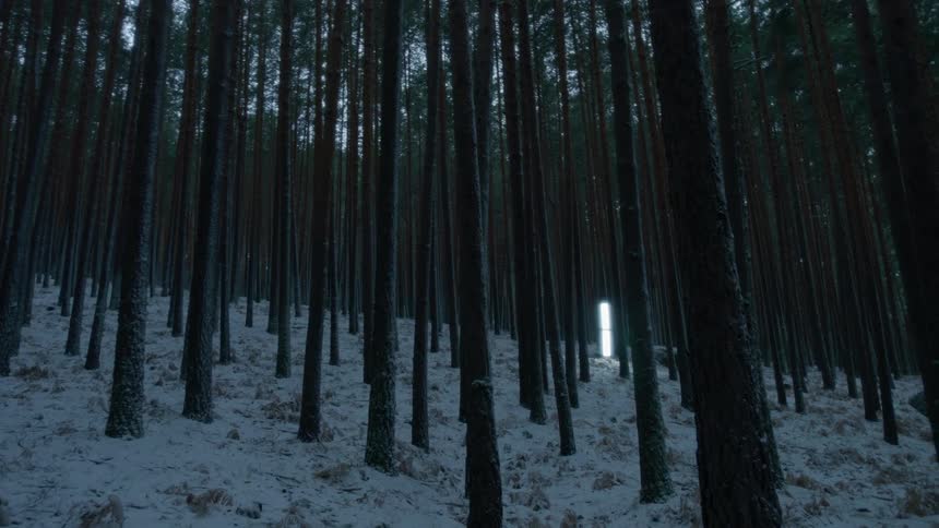 A light shining in the middle of a dim  snowy woods