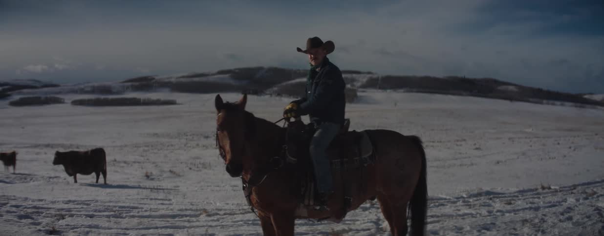 A cowboy sits proudly on his horse, surveying the vast, snow-covered landscape on a cold winter day