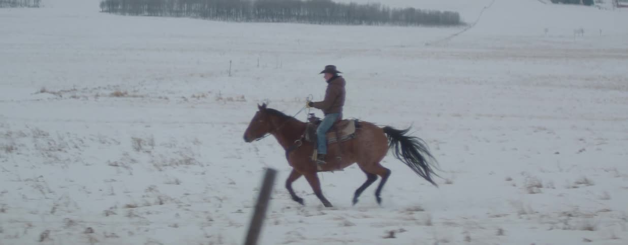 A cowboy gallops on horseback through a vast, snow-covered field in a majestic slow-motion shot