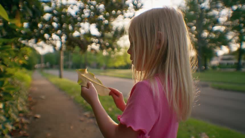 A curious little blonde girl in a pink shirt examines a large leaf she found on a neighborhood sidewalk during golden hour