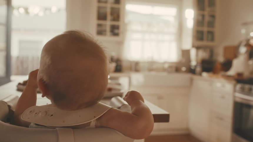 A baby in a high chair patiently waits at the dining table while watching their mother in the sunlit kitchen