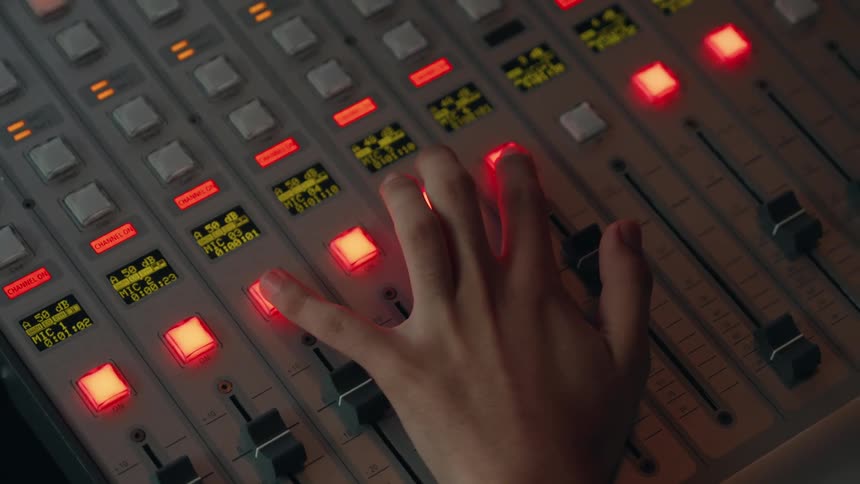 Close-up of a sound engineer's hand operating a professional audio mixing console with glowing red buttons in a studio