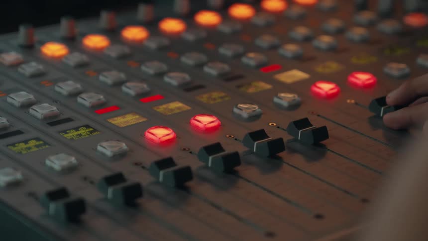 A sound engineer adjusts buttons and faders on a glowing audio mixing console in a dimly lit studio