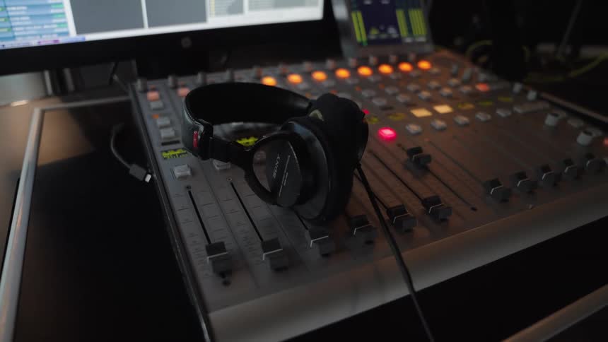 Headphones sit atop a professional audio mixing console in a dimly lit radio broadcast studio