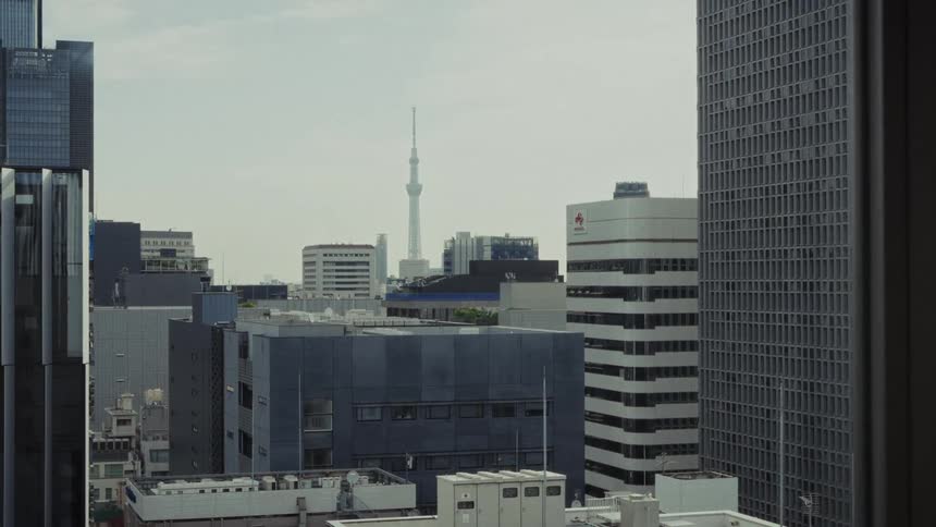 A still view of the Tokyo city skyline and Skytree from a highrise window on an overcast day