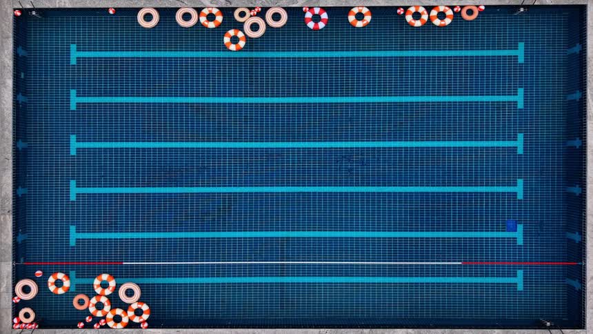 A tranquil top-down animated view of an empty swimming pool with marked lanes and life preservers floating on the rippling blue water
