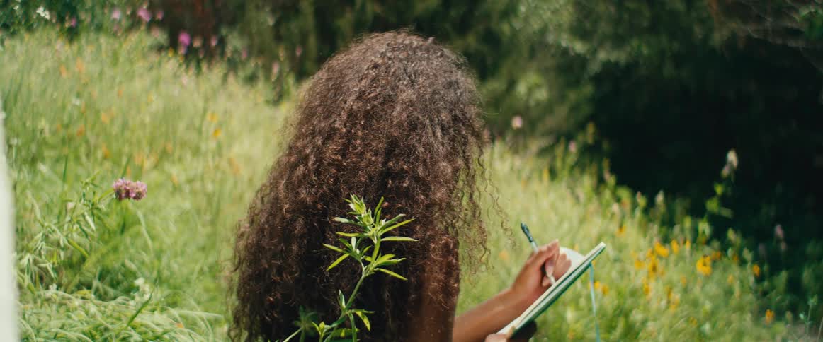 From behind, a woman with long curly hair sits in a sunny wildflower meadow and writes in her journal