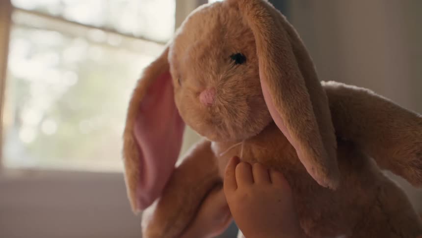A close-up of a child's hands gently holding and petting a soft stuffed bunny in a sunlit room