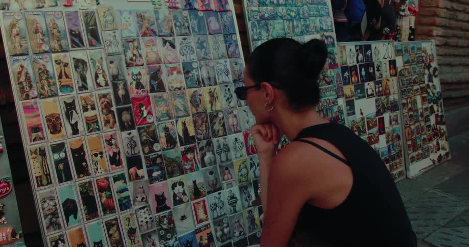 A woman thoughtfully browses a colorful display of novelty cat magnets at an outdoor street market