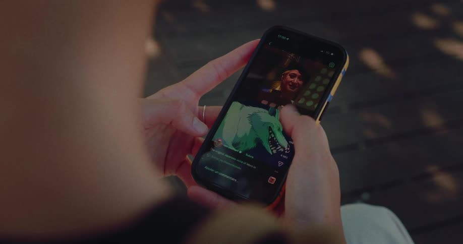 An over-the-shoulder close-up of a person's hands scrolling through a social media feed on a smartphone