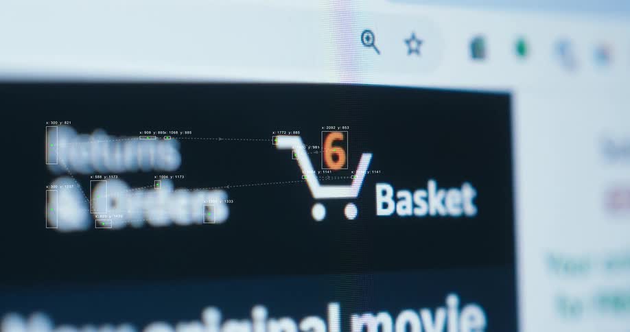 A close-up conceptual animation of an online shopping cart filling up, with the item counter increasing and digital data points overlayed