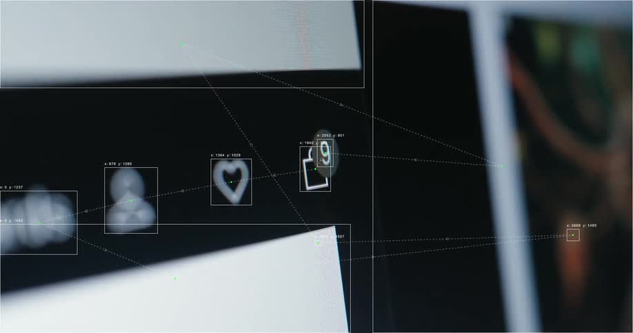 Digital interface with animated data tracking user interactions and online shopping activity on a screen