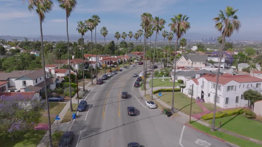 Aerial shot slowly flying down a classic palm tree-lined residential street in Los Angeles, California on a sunny day