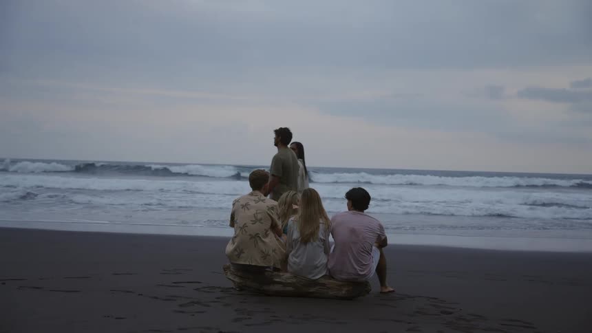 A group of friends sits on a driftwood log on a dark sand beach, peacefully watching the ocean waves roll in at dusk