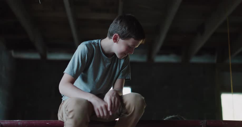 A young boy sits quietly on a railing inside a rustic barn, smiling as he interacts with something just out of frame