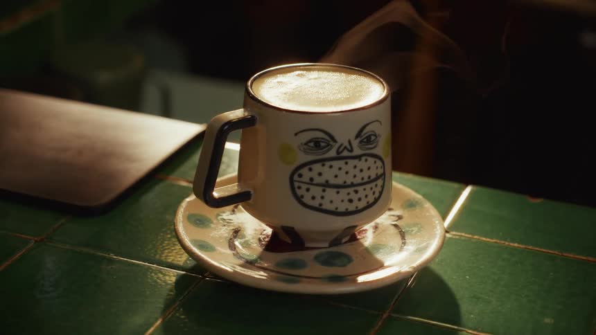 A unique, hand-painted mug filled with a hot, frothy beverage steams gently on a green tiled countertop