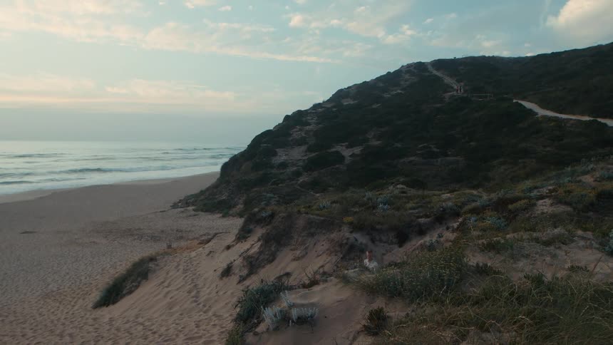 A couple with their dog walk down a path from the coastal dunes onto the sandy beach at sunrise