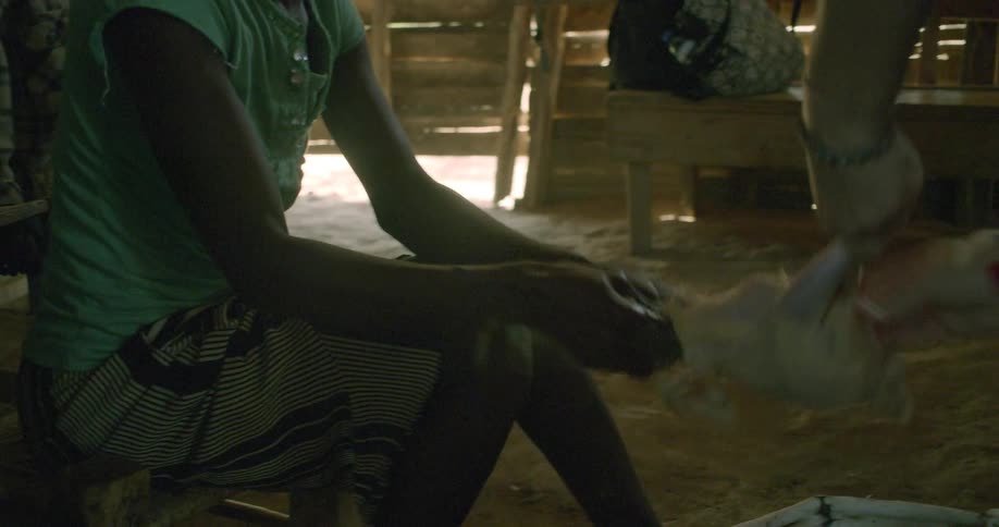 Two women collaborate to pluck the feathers from a chicken inside a rustic, dimly lit wooden hut