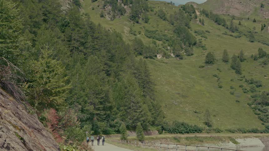 A group of hikers with backpacks walks along a path surrounded by lush green mountains and forests